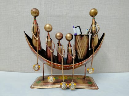 Handmade Antique Home decor Emboss Painting Boat Shape 5 Man Metal Pen & Pencil Stand