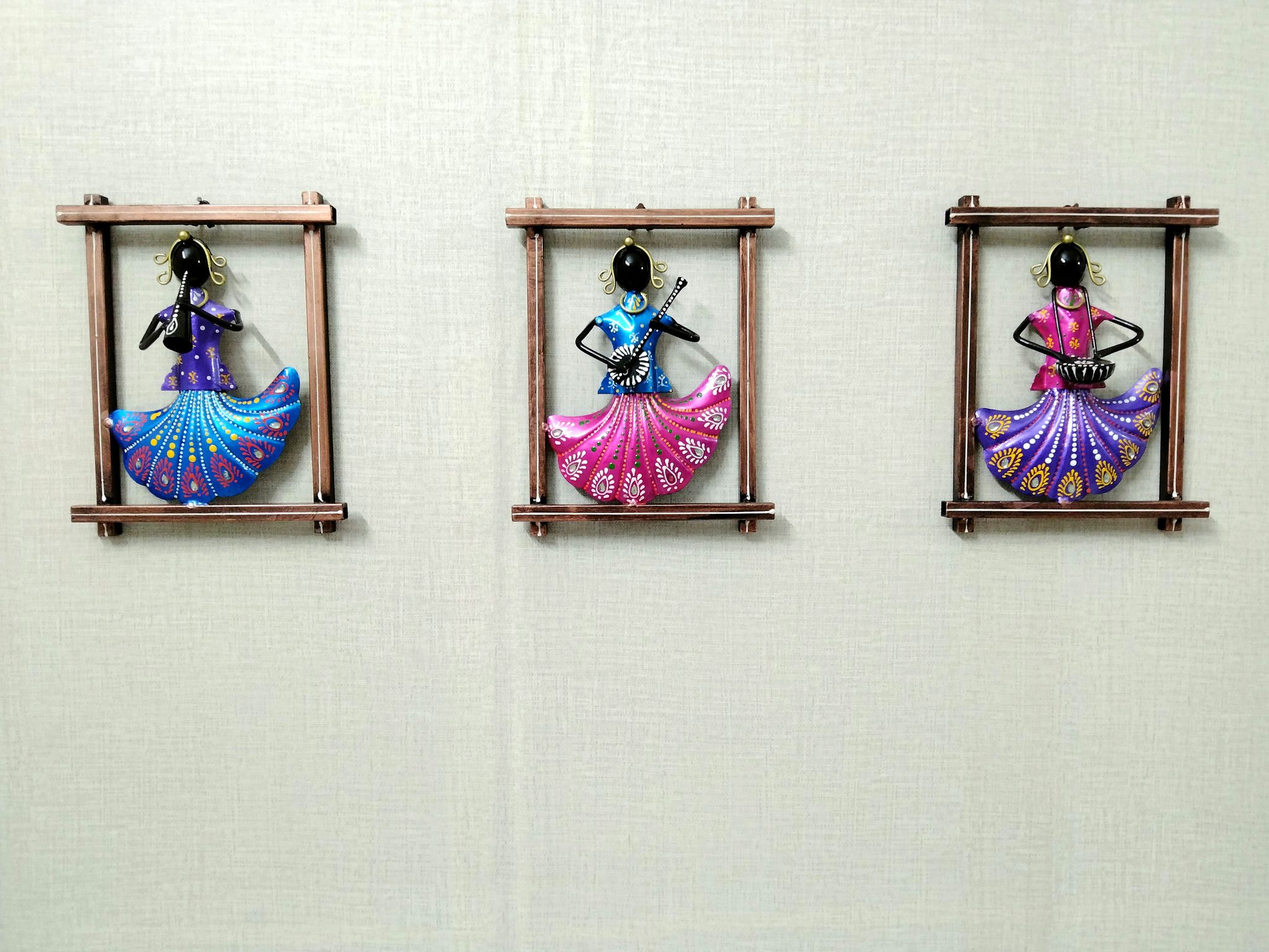 Handmade Rajasthani Lady Musician Metal Wall Frame for Living Room (Set Of 3)