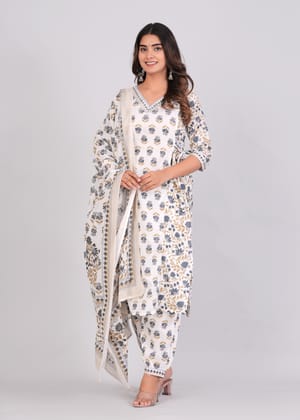 White Embrodiery Work Kurta with Palazzo and Dupatta