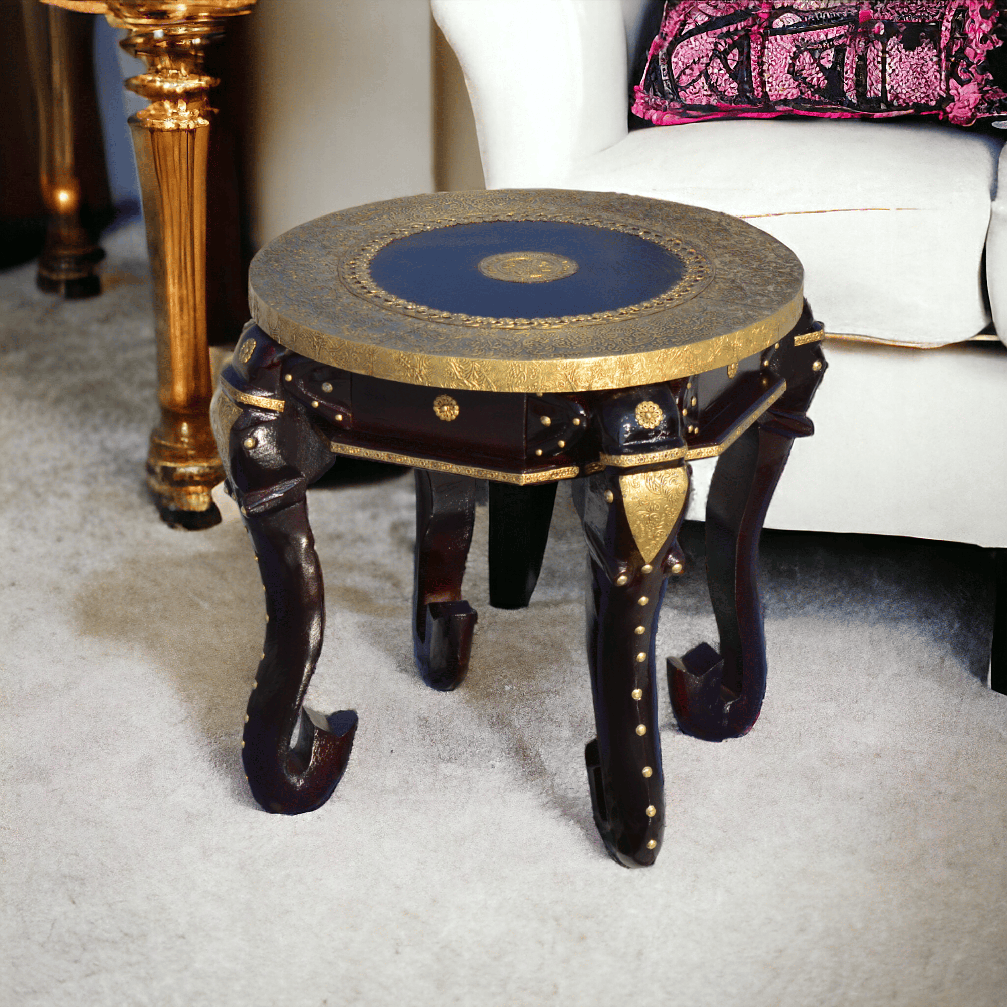 Drawing-Room Elephant Coffee-Table,Brass-Embossed Wooden Lamp-Table Cum Party-Table,Home Living Furniture Bedside-Table