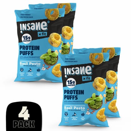 Insane Fit Protein Puffs | Basil Pesto 60g x 4 | Plant Protein | Roasted | Probiotics & Fibre | No Vegetable Oil