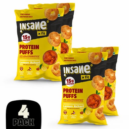 Insane Fit Protein Puffs | Lemon Achari 60g x 4 | Plant Protein | Roasted | Probiotics & Fibre | No Vegetable Oil