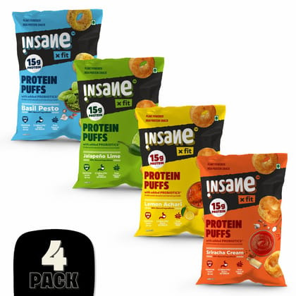 Insane Fit Protein Puffs | Assorted 60g x 4 | Plant Protein | Roasted | Probiotics & Fibre | No Vegetable Oil