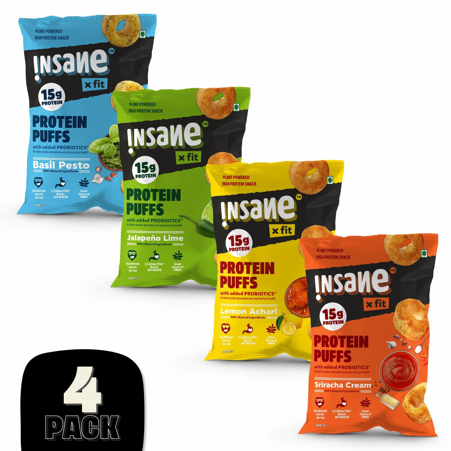 Insane Fit Protein Puffs | Assorted 60g x 4 | Plant Protein | Roasted | Probiotics & Fibre | No Vegetable Oil