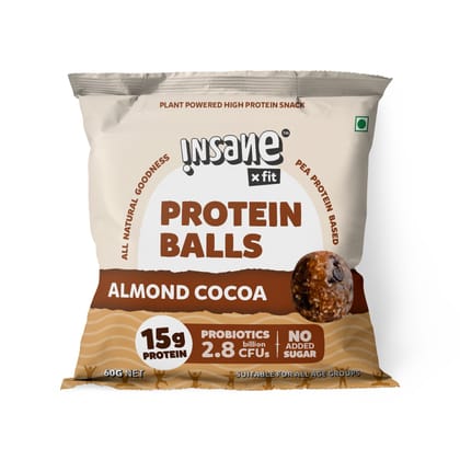 Insane Fit Protein Balls Almond Cocoa 60g x 4 | Plant Protein | Probiotics | Loaded with Nuts - Almonds & Cashews | No Added Sugar