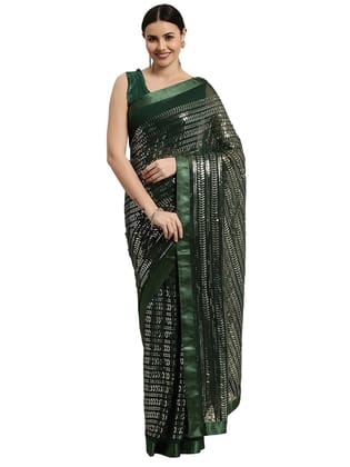 Women's Sequin Work Saree With Plain Satin Lace Saree (Green, 5-6 Mtrs)-PID44672