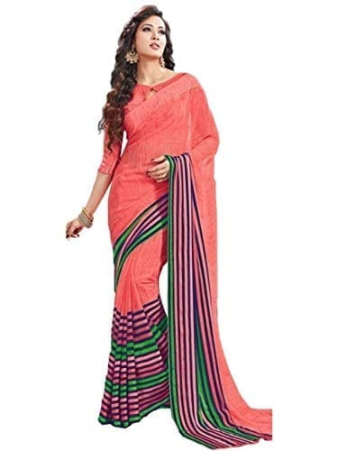 Womens Geogrette Saree with Blouse Digital Printed Saree (Peach, 6.25 Mtr)-PID31932