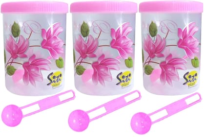 SITI PLAST Flower Print Plastic Storage Jar and Container with Spoon Grocery Airtight Kitchen Containers(3pcs x 1500ml Each,Pink)