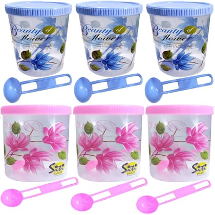 SITI PLAST Flower Print Plastic Storage Jar and Container with Spoon Grocery Airtight Kitchen Containers(6pcs x 750ml Each,Blue,Pink)