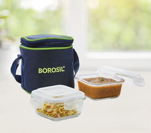 Borosil Blue Glass Lunchbox, Square x 2 (Tall)