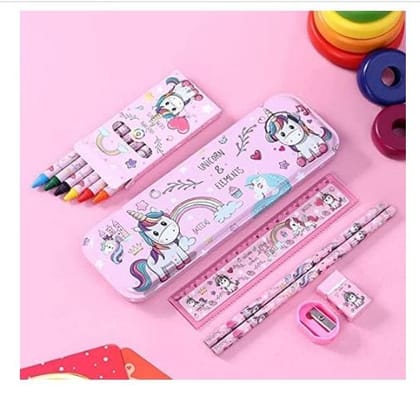 KREMLIN Multicharacter 8 in1 Mix Stationery Gift Set for Girls Kids - Pencil Box, Pencil, Eraser,Crayons- Random Character