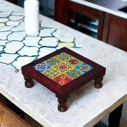 Wooden Chowki Handmade Tile Fitted Walnut Finished Bajot Chowki Pooja Room Home Decor Handicraft Indian Decor Art