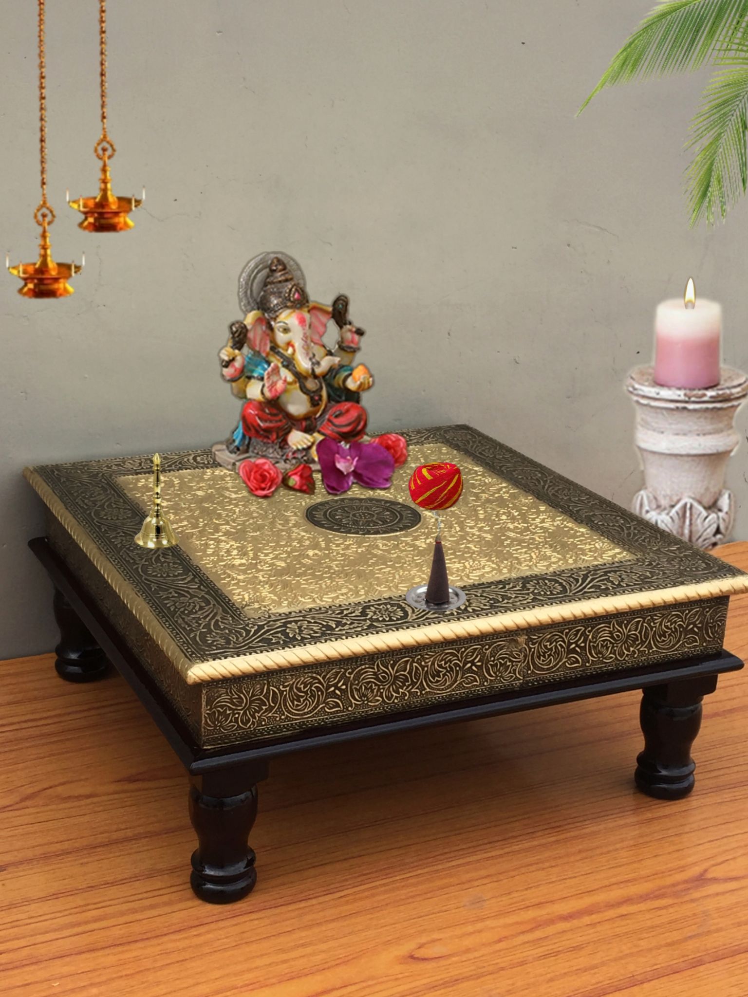 Brass Wooden Pooja Chowki, Pooja Chowki, Chowki, Chowki Chaurang, Pooja Stool, Wooden Stool, Wooden Brass Chowki, Plant Stand, Book Stand