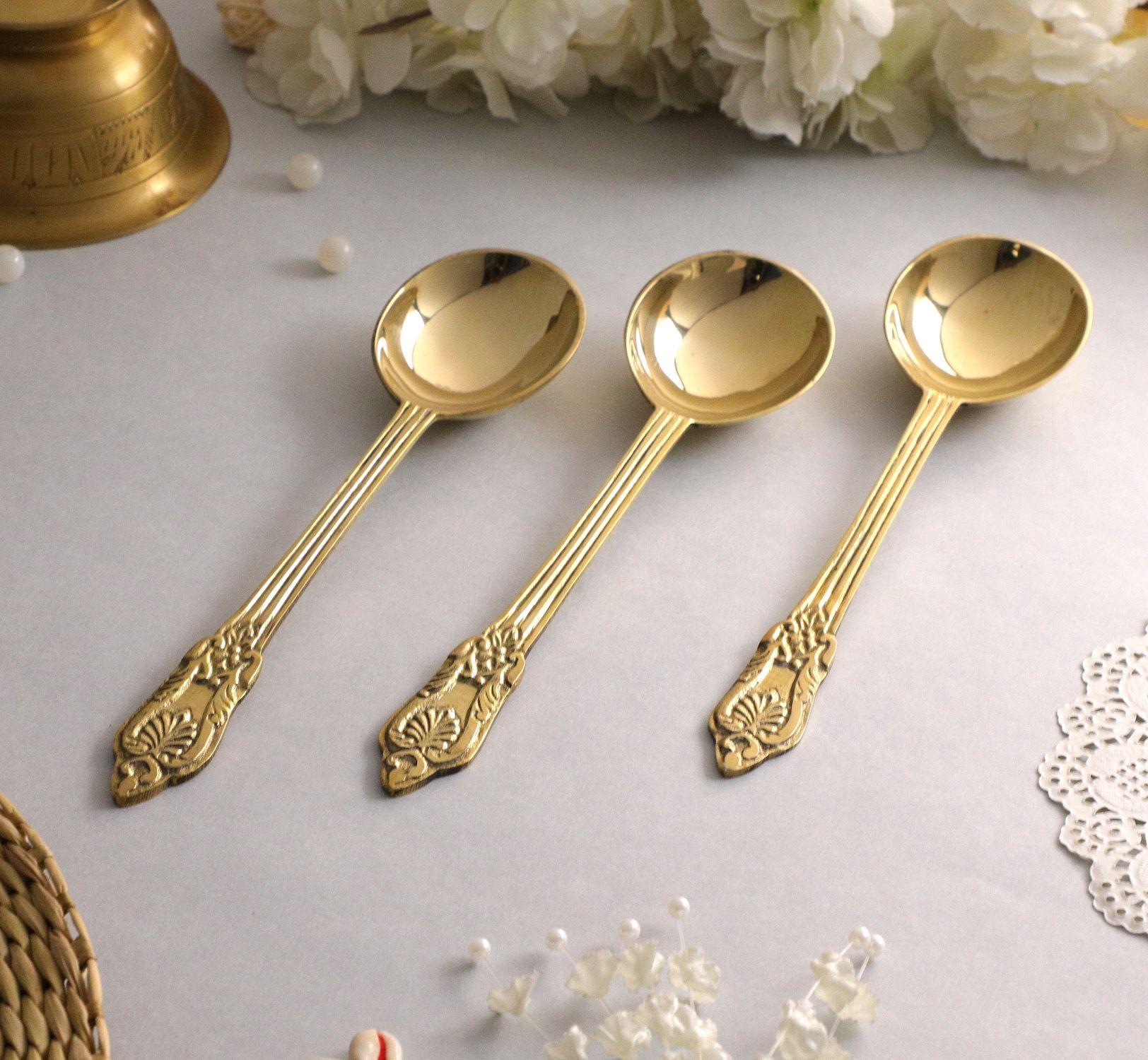 BulkySanta Brass Serving Spoons with Hand Crafted Etching Design (Size - 8.75" Weight - 100 Grams) Royal dinnerware Serving Spoons Set (Set of 3 pcs.)