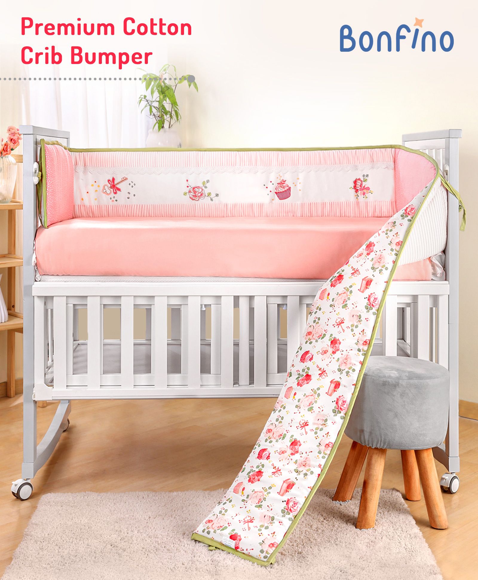 Bonfino Premium 100 Organic Cotton Crib Bumper Cupcake Print Pink White