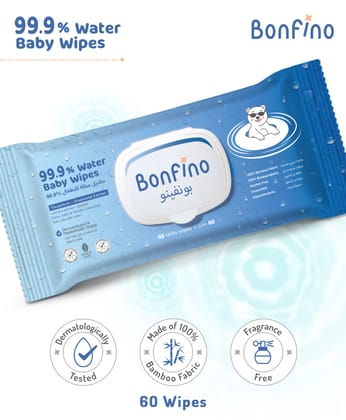 Bonfino 99.9% Water Baby Wipes - 60 Pieces