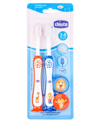 Chicco Ultra Soft Bristles Toothbrush Lion & Giraffe Print Pack of 2 - Orange & Blue