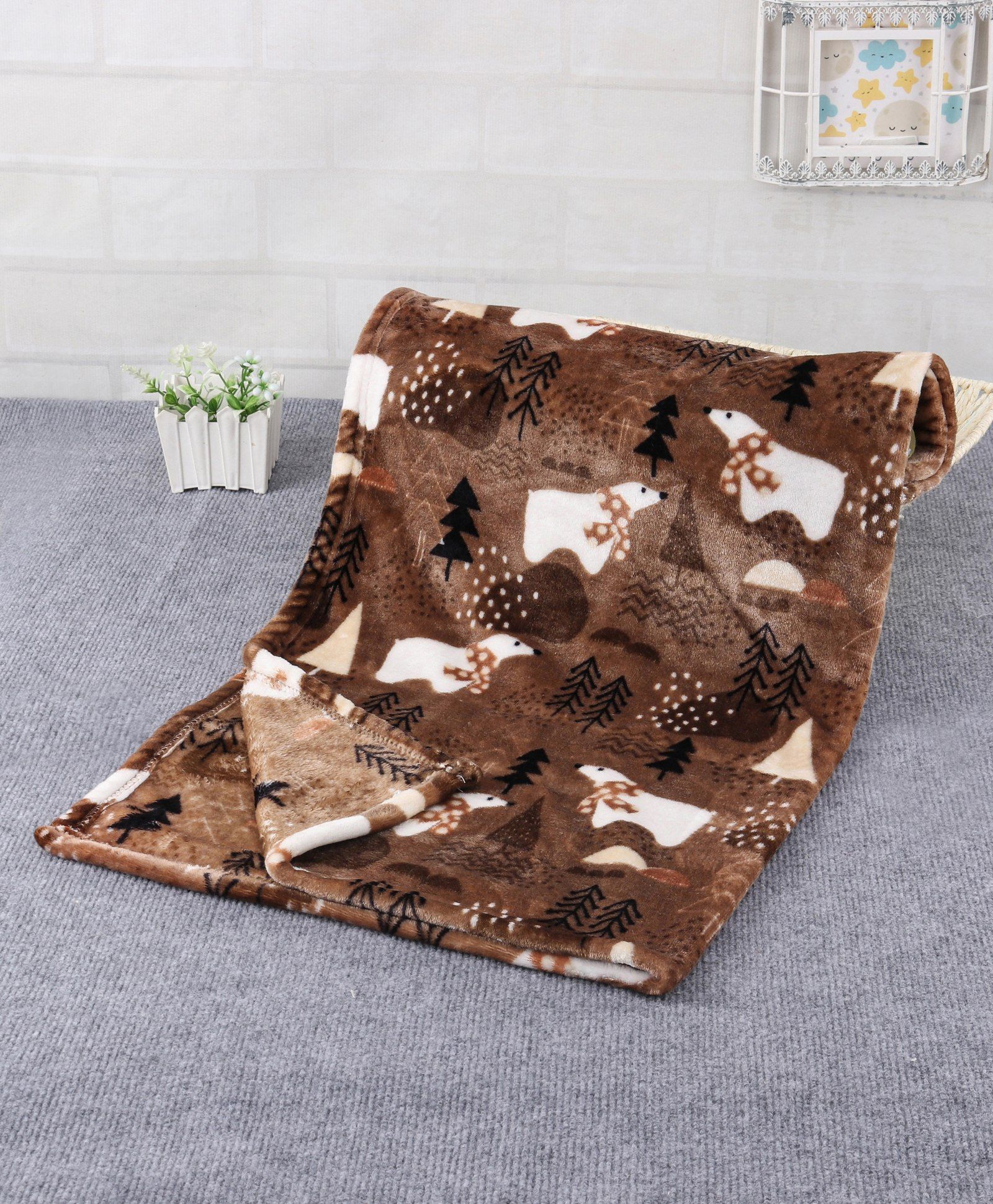 Babyhug Single Ply Mink Blanket Polar Bear Print - Brown