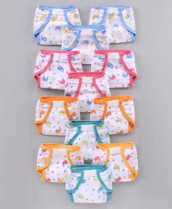 Babyhug Muslin Cotton Reusable Velcro Printed Cloth Nappies Small Set of 12 - Multicolor