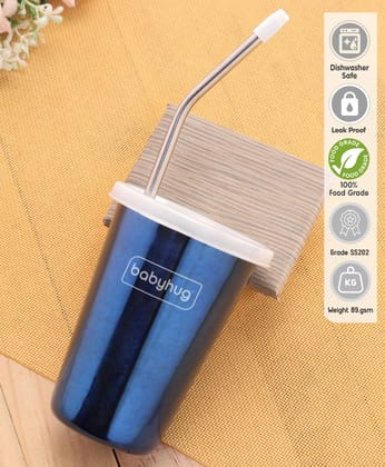 Babyhug Stainless Steel Tumbler With Airtight Lids & Straw Blue - 300 ml