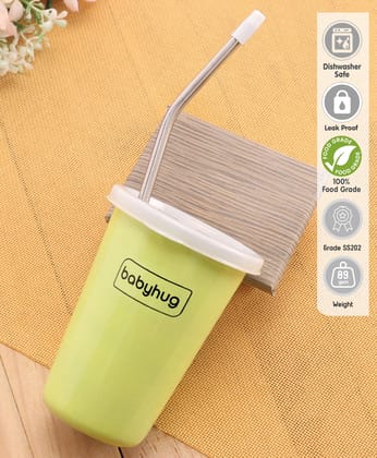 Babyhug Stainless Steel Tumbler With Airtight Lids & Straw  Green - 300 ml