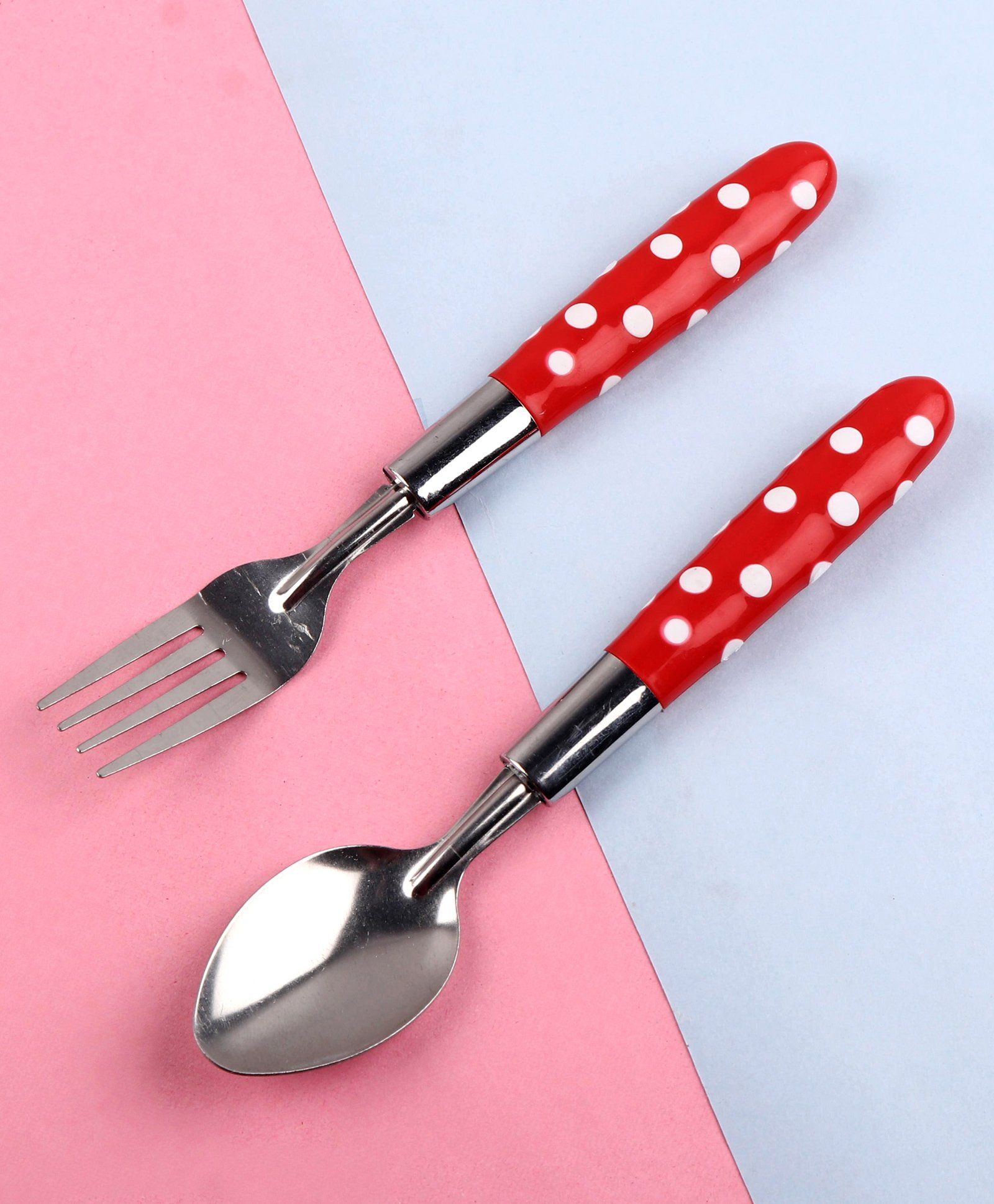 Stainless Steel Spoon & Fork Set Polka Dots - Red