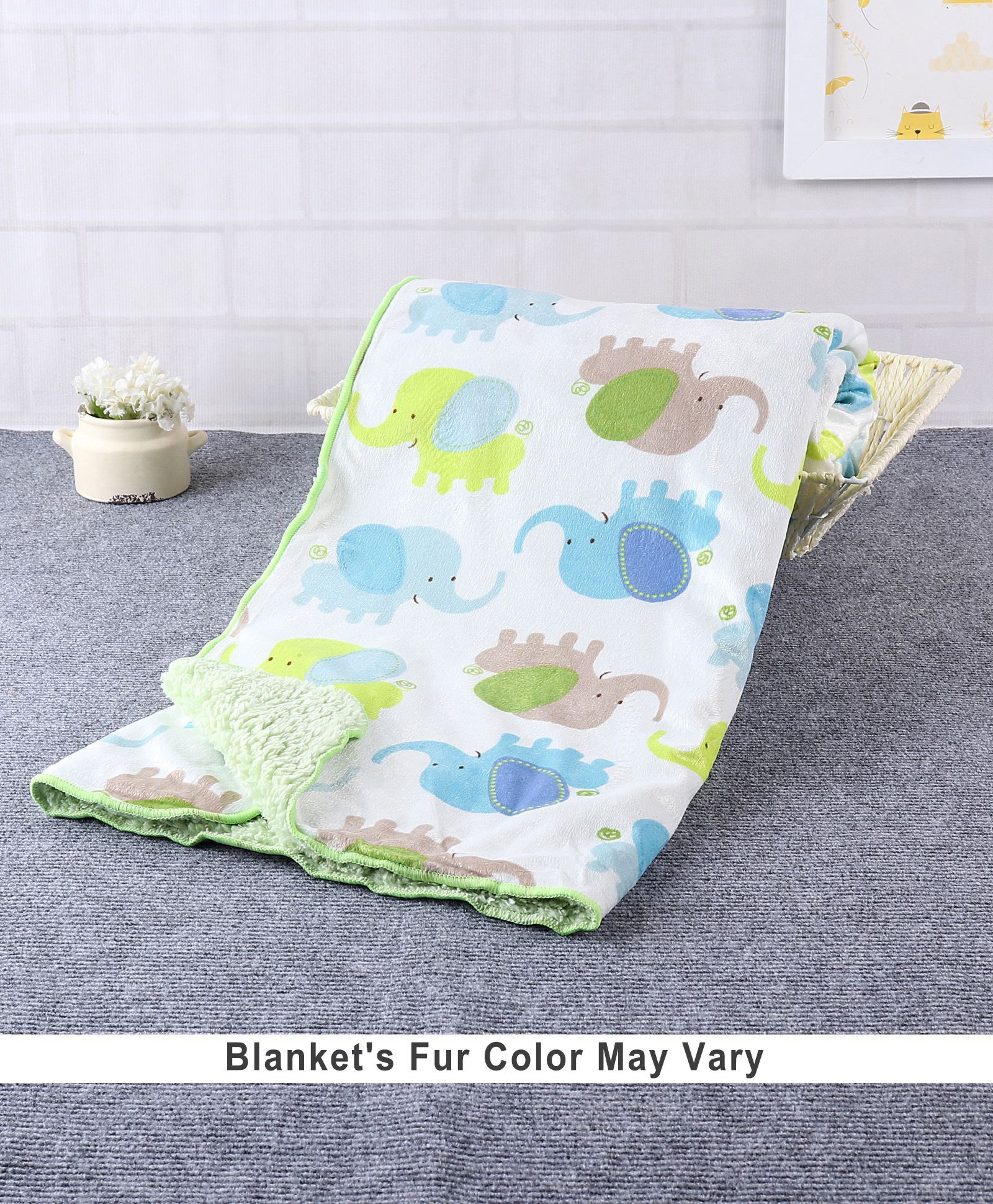 Babyhug Sherin & Poly Wool All Season Blanket Elephant Design - White Green (Blankets Fur Color May Vary)