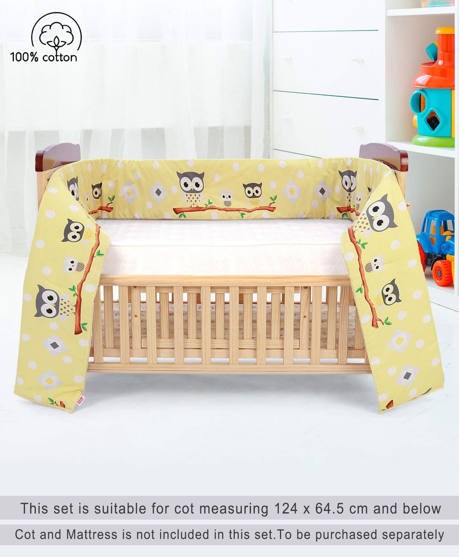 Babyhug 100% Cotton Crib Bumper Owl Print Regular - Yellow (Cot not Included)