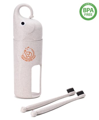 Elephant Design Set Of 2 Toothbrush With Holder - Cream