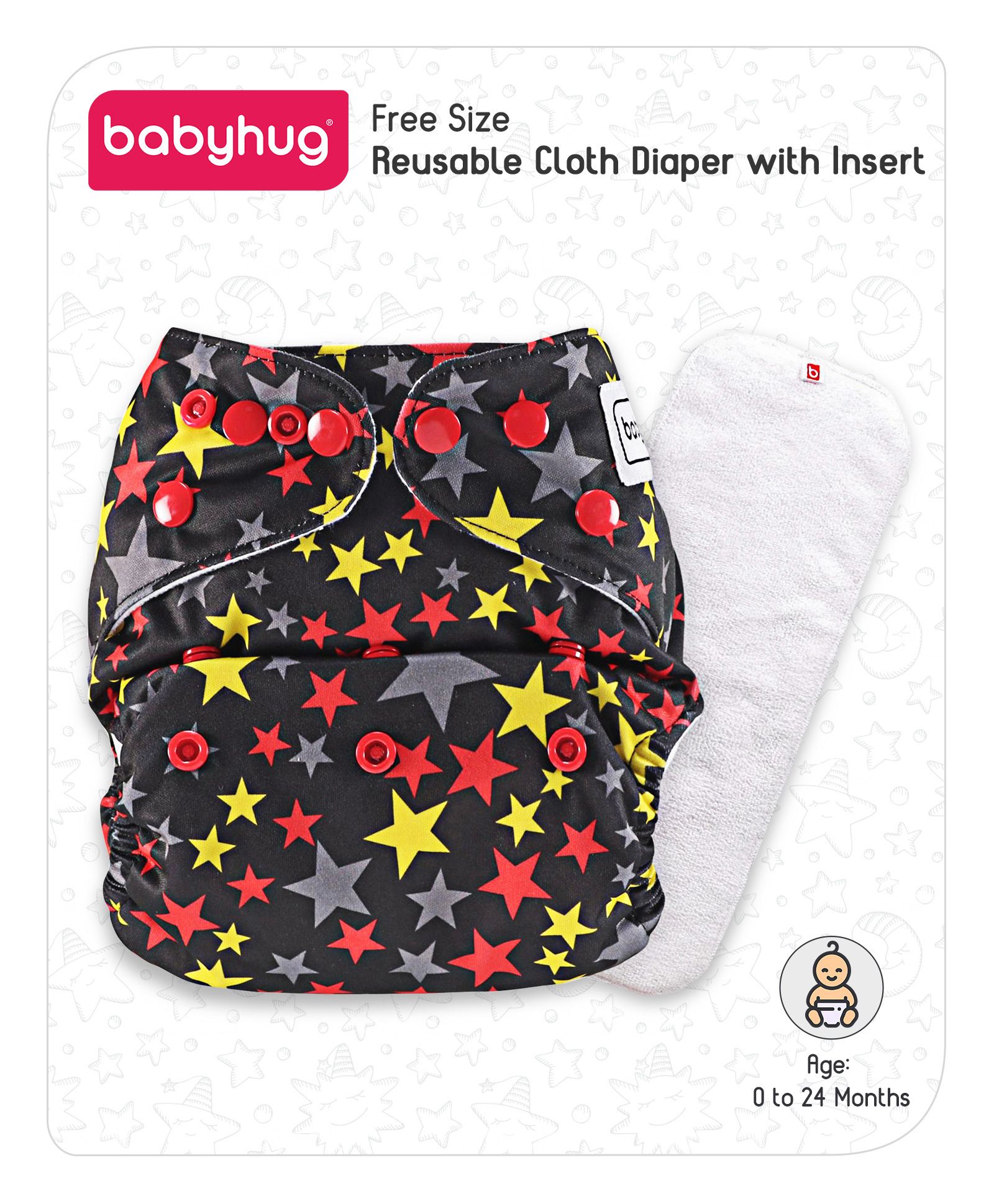 Babyhug Free Size Reusable Cloth Diaper With Insert Star Print - Black Red