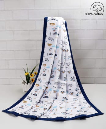 Babyhug Premium Cotton 3 Layered Baby Muslin Blanket Car Print - Blue