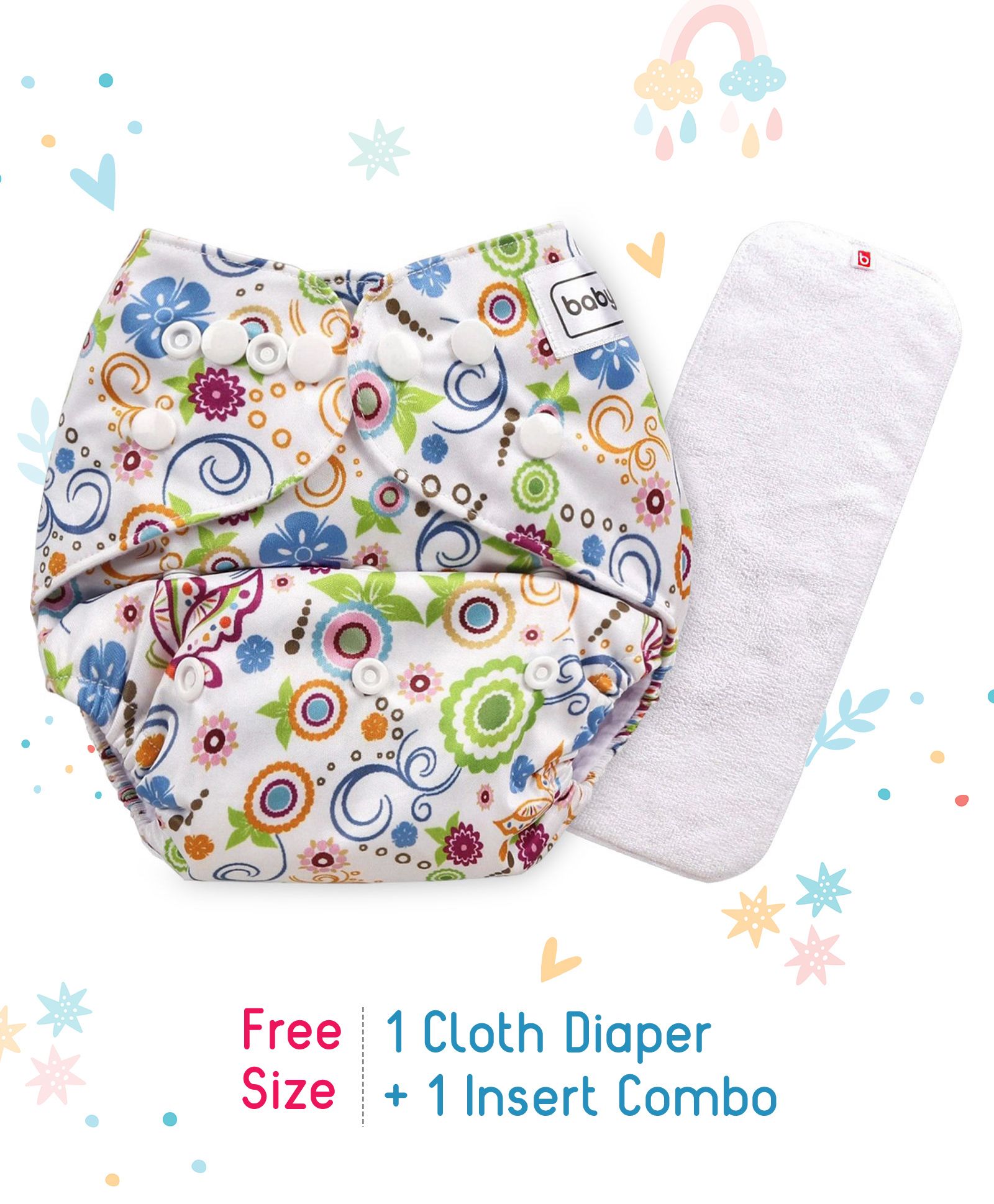 Babyhug Free Size Reusable Cloth Diaper With Insert - White (Packaging MAy Vary)