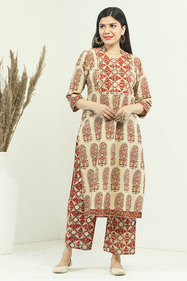 Beige Red Organic Cotton Straight Kurta