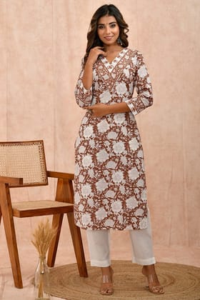 Brown White Organic Cotton Straight Kurta