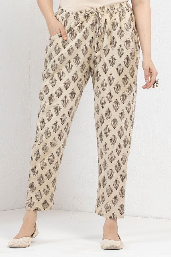 Beige Black Organic Cotton Narrow Pants