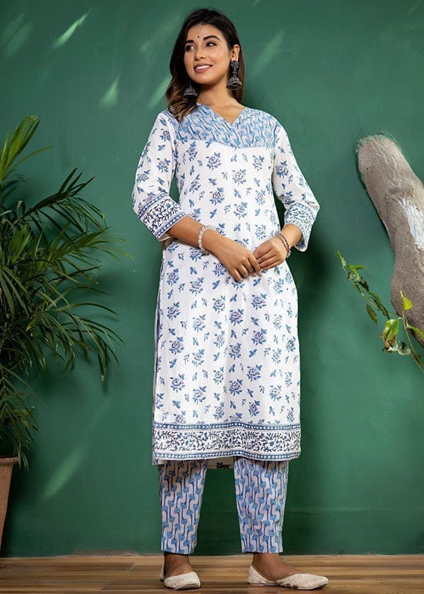 White Blue Organic Cotton Straight Kurta with Pockets