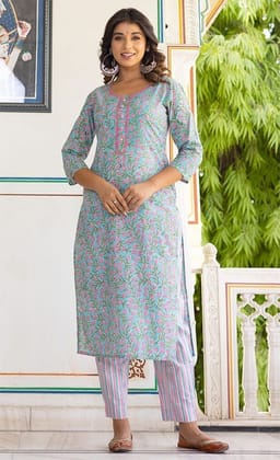 Pink Green Organic Cotton Straight Kurta with Pockets