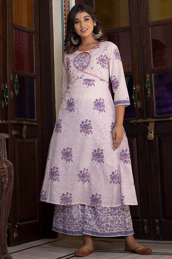 Pink Purple Organic Cotton A-line Kurta with Pockets