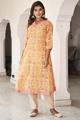 Orange Organic Cotton A-line Kurta with Pockets