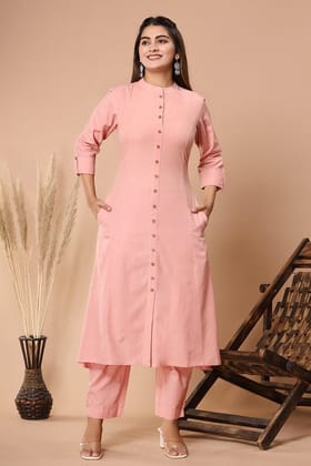 Salmon Pink Handloom Cotton A-line Kurta with Pockets