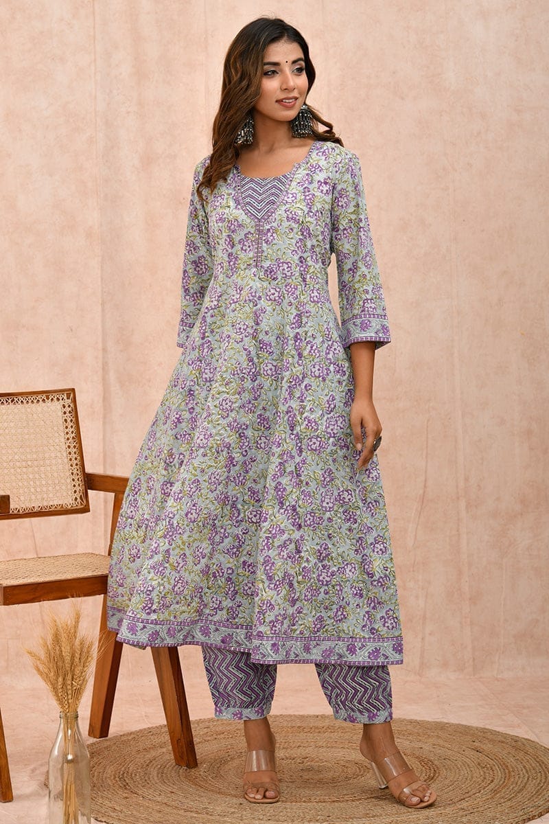 Purple Sea Green Organic Cotton Anarkali Kurta with Pockets