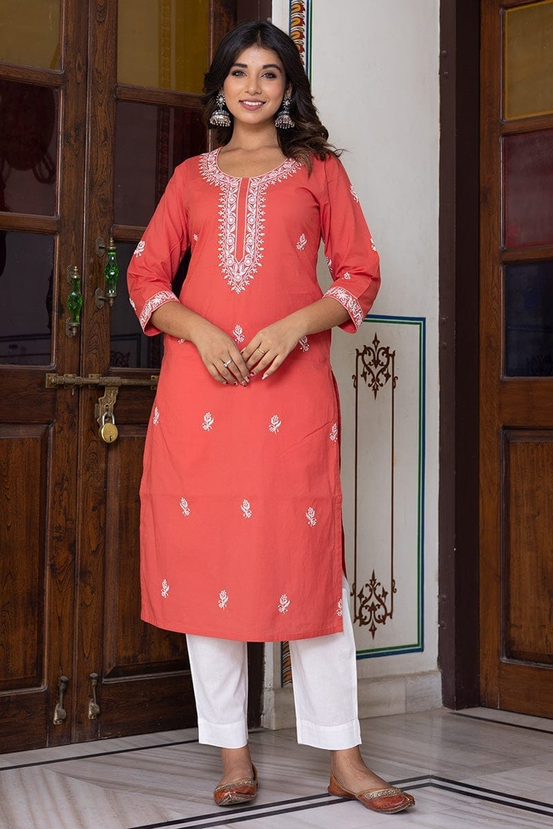 Red Organic Cotton Straight Kurta with Pockets