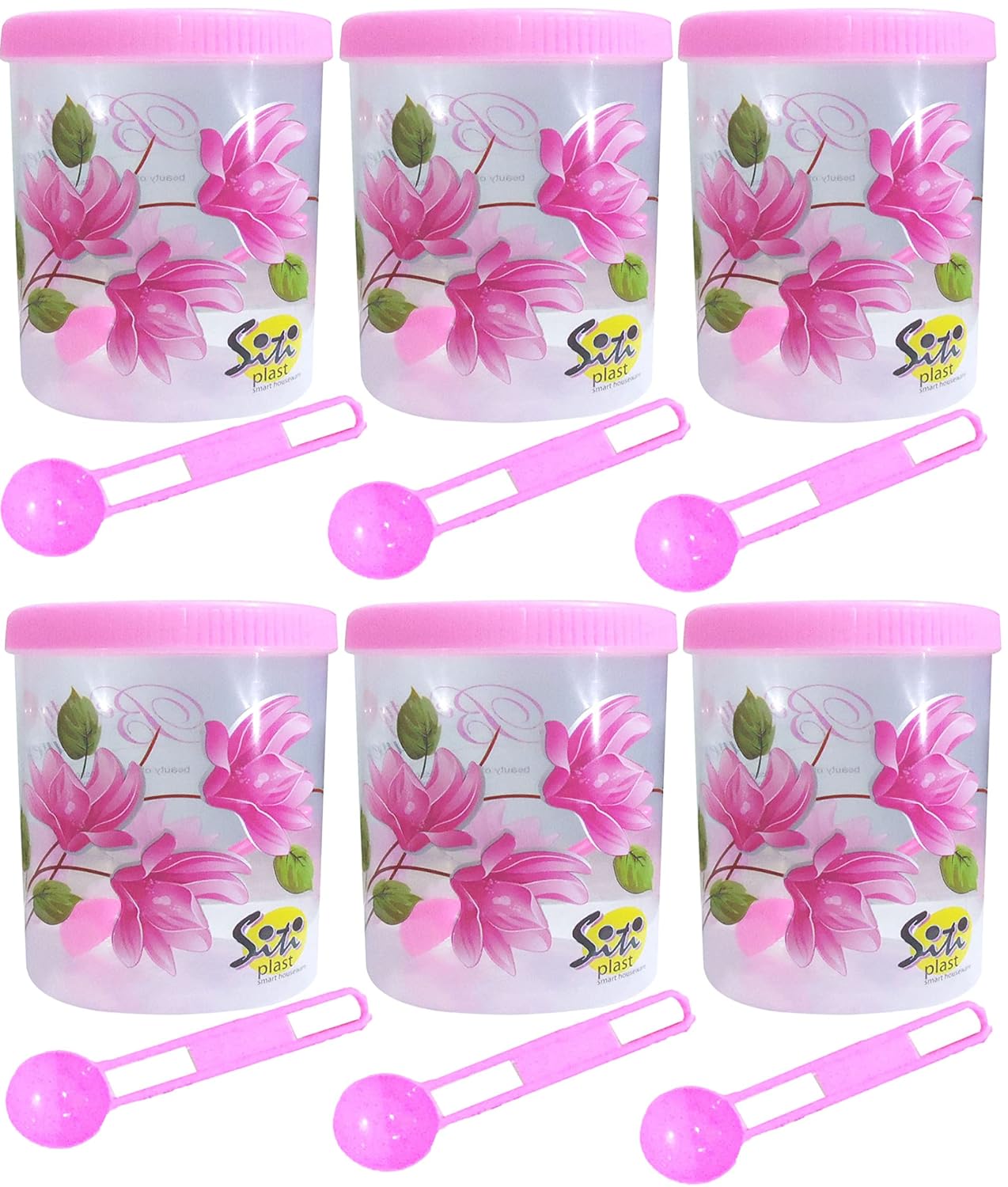 SITI PLAST  Flower Print Plastic Round Shape Storage Jar and Container with Spoon Grocery Airtight Kitchen Containers| Air Tight |Kitchen Organiser | BPA Free(Pack of 6, 500ml Each,Pink)