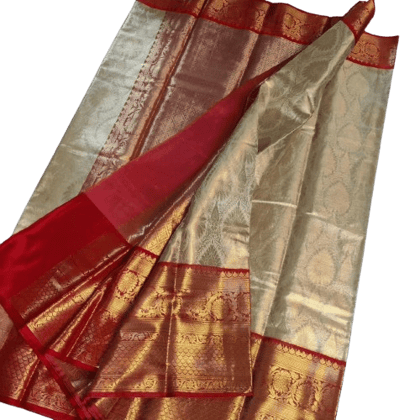 Banarasi Tissue Silver Silk Sarees With Red Border