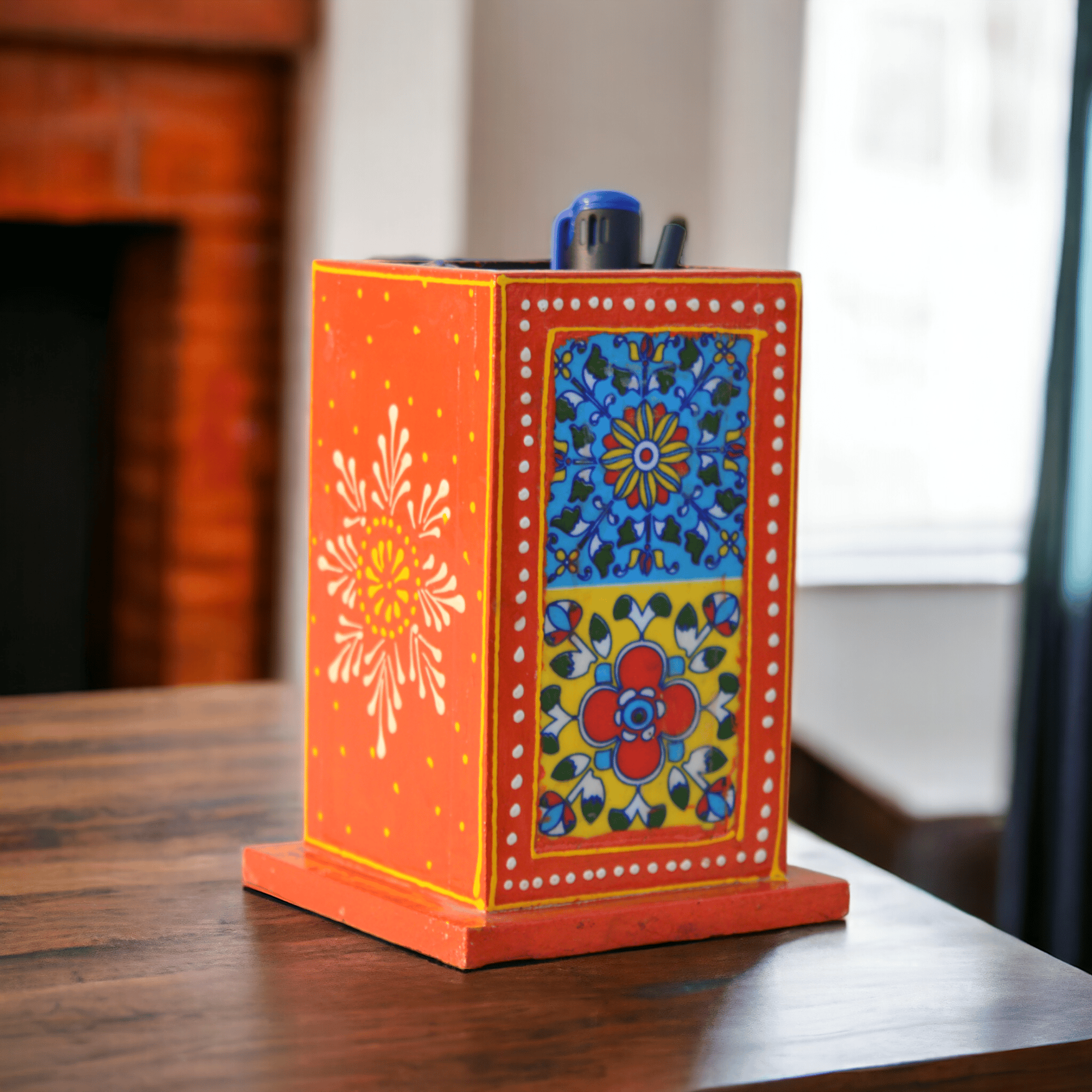 Hand-Painted  Pen Stand | Wooden Orange Desk Organizer | 10cm | Exquisite Artistic Decor, Office Gift