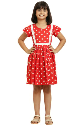 Tripti  Enterprises Girls ethnic Printed Frock-Red Dot with Lining & Frill.