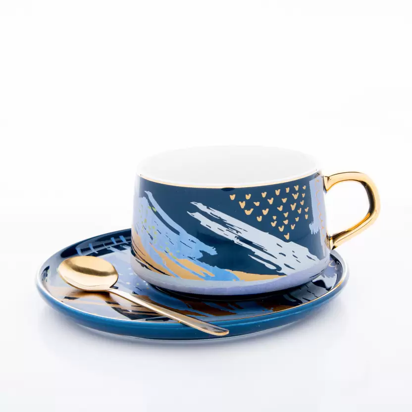 Blue Ceramic Made Cup, Spoon & Saucer with Gold Coated Stirrer, Premium Festive Gifting Set With Long Tail Stirrer/Spoon for Quick Tea Infusion