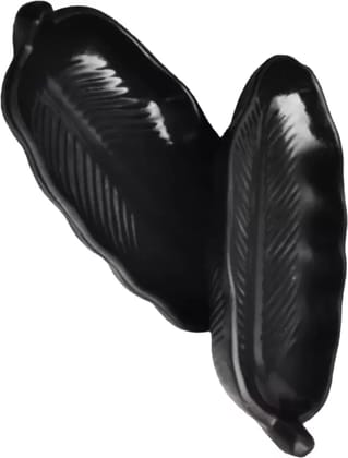 Ceramic Banana Leaf Designed Serving Platters for Dessert and Snacks Black Matt Pack of 2