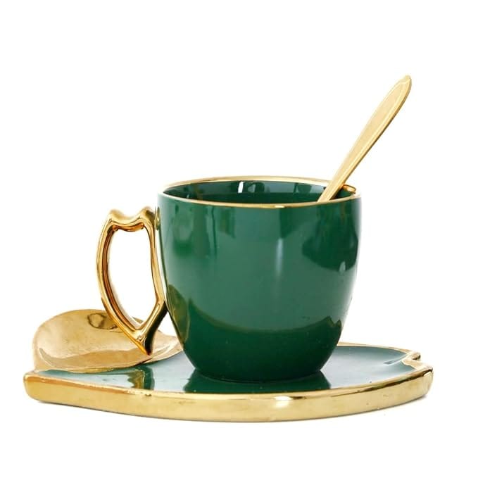 Royal Ceramic Retro Green Cup & Plate Set with Metal Spoon For Tea/Coffee