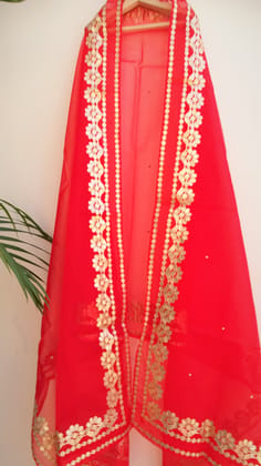 ORGANZA SOLID RED WOMEN DUPPATTA WITH GOTA PATTI WORK